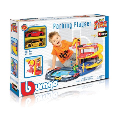 Bburago - STREET FIRE, Parkoló játékszett – garázs két kisautóval, 1:43