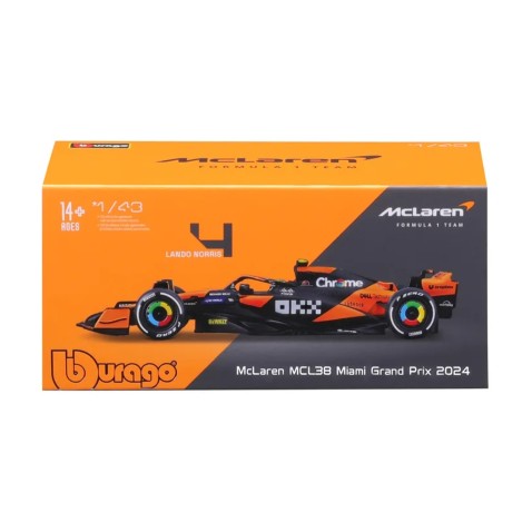 Bburago - RACE F1-es versenyautó díszdobozban, McLaren MCL38 (2024), #4 Lando Norris, 1:43