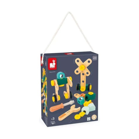 BricoKids - Fa szerelős építőkészlet mintákkal és szerszámokkal - 50 db